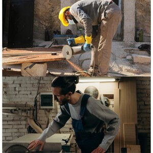 Pu&ograve; includere: Due immagini che mostrano la lavorazione del legno. L'immagine in alto mostra una persona con un casco giallo, occhiali protettivi e guanti che utilizza una smerigliatrice. L'immagine in basso mostra una persona che utilizza una sega circolare. Entrambi lavorano sul legno.