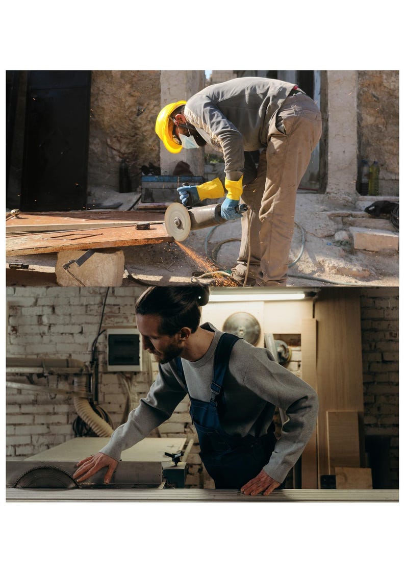 Pu&ograve; includere: Due immagini che mostrano la lavorazione del legno. L'immagine in alto mostra una persona con un casco giallo, occhiali protettivi e guanti che utilizza una smerigliatrice. L'immagine in basso mostra una persona che utilizza una sega circolare. Entrambi lavorano sul legno.