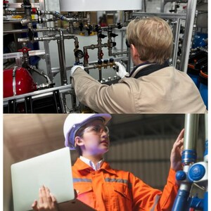 Pu&ograve; includere: Due lavoratori in un ambiente industriale. Uno sta regolando tubi e valvole, indossando guanti e occhiali protettivi. L'altro tiene in mano un laptop, indossa un casco e occhiali protettivi e guarda un grosso tubo blu.