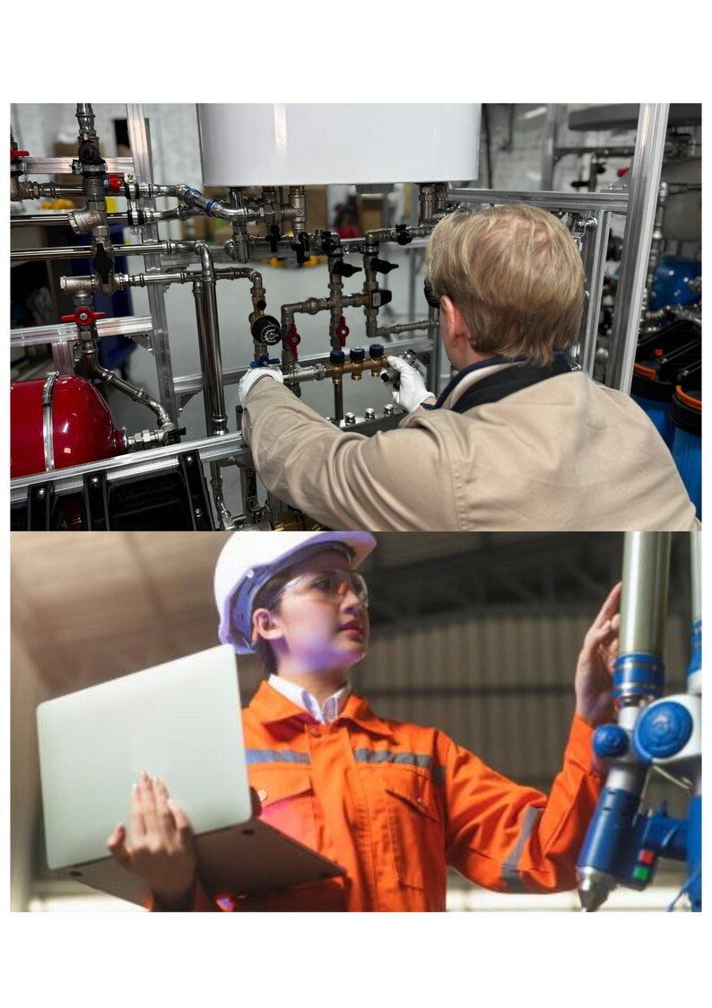 Pu&ograve; includere: Due lavoratori in un ambiente industriale. Uno sta regolando tubi e valvole, indossando guanti e occhiali protettivi. L'altro tiene in mano un laptop, indossa un casco e occhiali protettivi e guarda un grosso tubo blu.