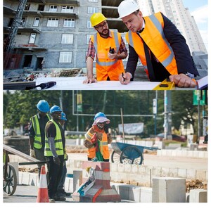 Pu&ograve; includere: Due operai edili con giubbotti di sicurezza arancioni ed elmetti esaminano i progetti in un cantiere. Altri operai edili indossano giubbotti di sicurezza ed elmetti. Un edificio &egrave; in costruzione.