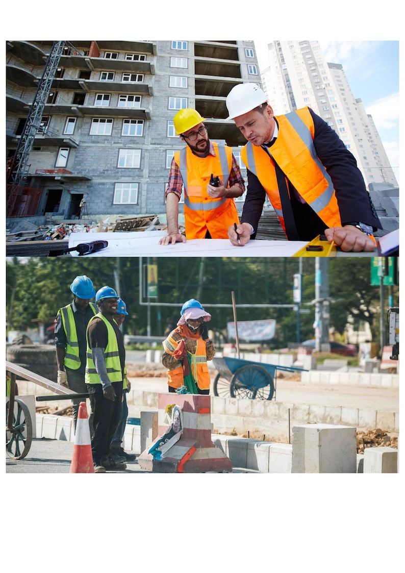 Pu&ograve; includere: Due operai edili con giubbotti di sicurezza arancioni ed elmetti esaminano i progetti in un cantiere. Altri operai edili indossano giubbotti di sicurezza ed elmetti. Un edificio &egrave; in costruzione.