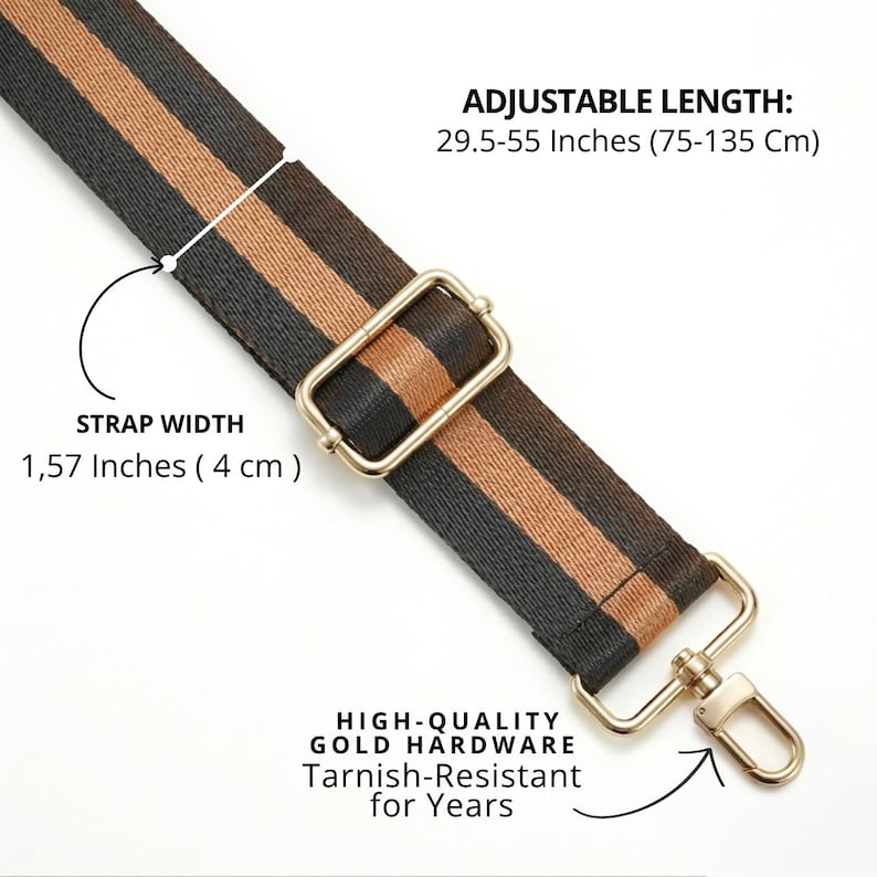 Peut inclure: Bandouli&egrave;re de sac r&eacute;glable &agrave; rayures noires, marron clair et marron, avec une quincaillerie dor&eacute;e. La largeur de la sangle est de 4 cm, et la longueur r&eacute;glable est de 75-135 cm. Le texte indique une quincaillerie de haute qualit&eacute;, r&eacute;sistante au ternissement.