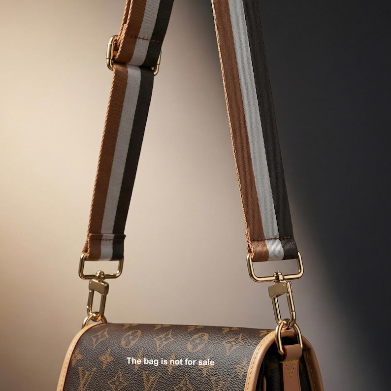 Peut inclure: Gros plan sur un sac &agrave; main marron avec un motif et une bandouli&egrave;re ray&eacute;e. La bandouli&egrave;re pr&eacute;sente des rayures marron, grises et noires. Le sac a une quincaillerie dor&eacute;e. Le texte sur le sac indique : "Le sac n'est pas &agrave; vendre."