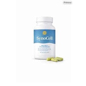 May include: A white bottle of SynoCell supplements with a blue label and white cap. The label includes the text "SynoCell" and "Move with Freedom and Ease." Several green capsules are scattered in front of the bottle.