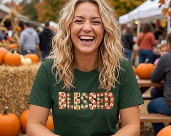 Blessed Thanksgiving Shirt, Christian Fall Pumpkins, Gingham and Daisies