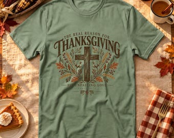 Christian Thanksgiving Shirt, Rustic Cross and Harvest Leaves, Psalm 107:1