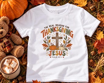 Kids Christian Thanksgiving Shirt, Cross and Pumpkins, Psalm 107:1