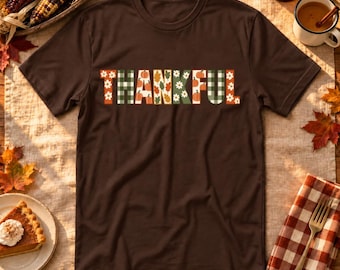 Thankful Thanksgiving Shirt, Fall Pumpkins, Gingham and Daisy Graphic