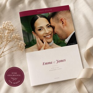 May include: A wedding magazine with a burgundy header and the words "Wedding Magazine." The cover features a photo of a smiling couple. The names "Emma & James" are printed in burgundy script, along with the date and location.