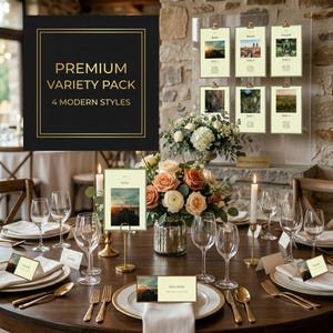 Könnte beinhalten: Ein Premium-Tischkarten-Set mit vier modernen Stilen. Das Set enthält cremefarbene Platzkarten und Tischnummern mit Landschaftsfotografien, die auf einem runden Holztisch mit Weingläsern und Blumenarrangements präsentiert werden.