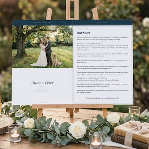 May include: A wedding magazine displayed on a wooden easel. The magazine features a photo of a couple with a dog, and text that reads "Our Story" and "Anna & Peter". The display is decorated with white roses and candles.