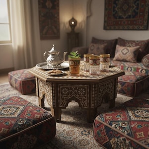 Puede incluir: Una mesa de centro octogonal de madera con intrincados patrones incrustados, con un juego de té plateado, galletas y vasos de té. La habitación cuenta con cojines estampados, un sofá y alfombras decorativas, creando un ambiente acogedor.