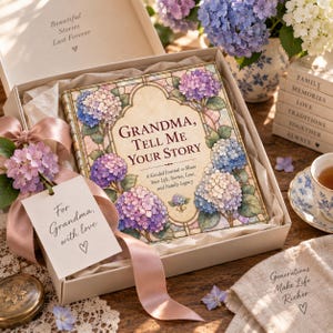 May include: A square guided journal titled Grandma, Tell Me Your Story with a stained-glass style hydrangea cover, presented in a cream gift box with a pink satin ribbon, a gift tag reading For Grandma, with love, and a lid inscribed Beautiful Stories Last Forever.
