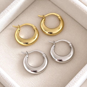 May include: Two pairs of small hoop earrings, one pair in a polished gold tone and one pair in a polished silver tone. Each earring features a thick, rounded crescent shape and a hinged post closure, with the hallmark 925 stamped on the metal.