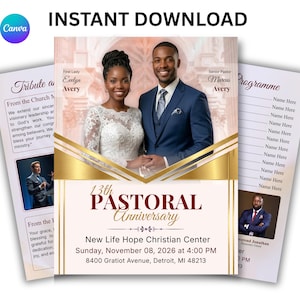 Pastoral Anniversary Program Booklet, Church Bulletin Template, Bi-Fold 4 Page Bulletin, Pastor Appreciation Program, Canva Editable