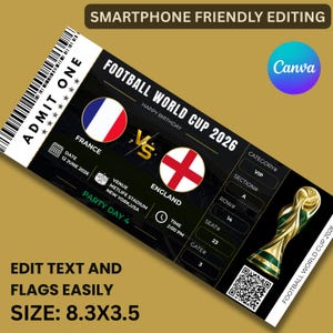 May include: A black and white ticket for the Football World Cup 2026, featuring the flags of France and England. The ticket includes details like the date, time, venue, and seat information. The size is 8.3 x 3.5 inches.