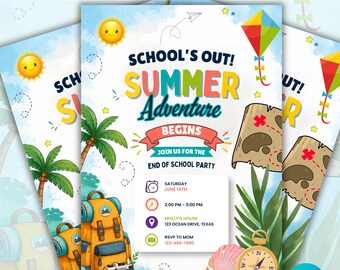 Sommerparty-Einladung bearbeitbar, Abschlussfeier-Flyer, Kinder-Sommercamp einladen, Canva-Vorlage, sofortiger Download, School's Out Party
