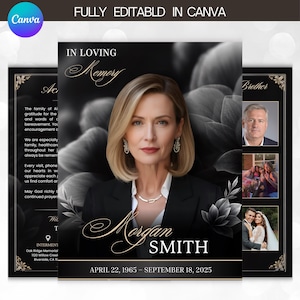 Può includere: Un modello di programma funebre con il ritratto di una persona bionda in blazer nero, il testo IN LOVING MEMORY, Morgan SMITH e le date APRIL 22, 1965 – SEPTEMBER 18, 2025 su uno sfondo floreale scuro.