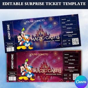 May include: Two Disneyland Magic Castle Adventure Park tickets. The tickets feature Mickey Mouse, Donald Duck, and Goofy in front of the castle. The tickets are blue and maroon with the text "You're going to" and "Admit One".