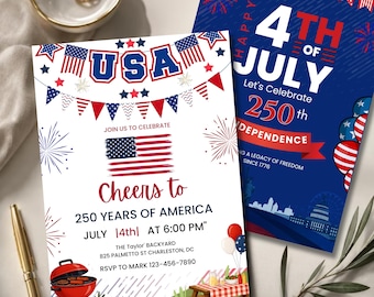 250. Geburtstagseinladung der USA, Einladung zum Unabhängigkeitstag, USA-Feier, Partykarte, Grillparty-Einladung, bearbeitbare Canva-Vorlage