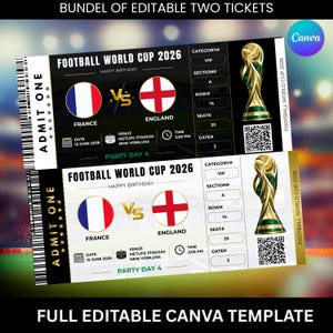 May include: Two tickets for the Football World Cup 2026, featuring the flags of France and England. The tickets include details like date, time, venue, and seat information. The text "BUNDLE OF EDITABLE TWO TICKETS" and "FULL EDITABLE CANVA TEMPLATE" are also visible.