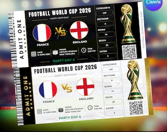 Angepasste Fußball WM 2026 Karte | 2 bearbeitbare Ticket-Designs | Spieltag Karte | Bearbeitbarer Geburtstagsgutschein für Ihn | Fußball Geschenk