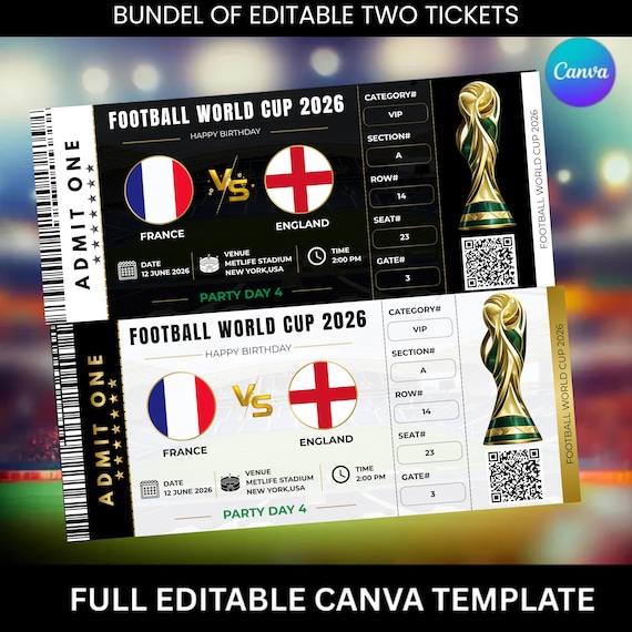 Customized Football World Cup 2026 Ticket | 2 Editable Ticket Designs | Matchday Ticket | Editable Birthday Voucher for Him | Football Gift