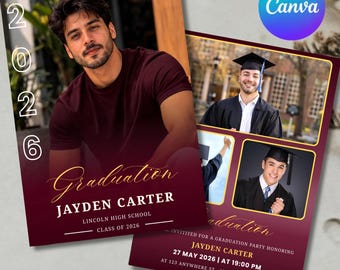 Abschlussfeier-Einladungsvorlage | Abschlussfeier-Ankündigung | Junge Karte Digital Foto graduierte Party digital einladen Klasse von 2026 Canva Vorlage