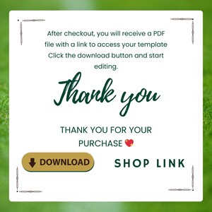 May include: A white square graphic with a green background features the words "Thank you" in a script font. Text above and below the words provides instructions. A gold-colored button says "Download" and a link to the shop is also included.