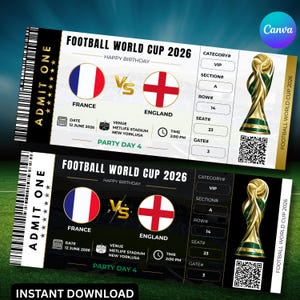 May include: Two tickets for the Football World Cup 2026, featuring the flags of France and England. The tickets include details like date, time, venue, and seat information. The text "INSTANT DOWNLOAD" is at the bottom.