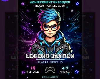 Gamer Geburtstagseinladung Junge Leistung freigeschaltet Einladen Gamer Boy Vorlage Level Up Einladen Bearbeitbare Canva Vorlage Videospiel Party einladen