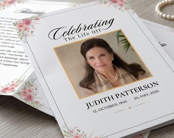 Vorlage für ein Trauerprogramm, Vorlage für eine rosa Blumen-Todesanzeige, Programm für eine Gedenkfeier, Gedenkgottesdienst-Anzeige, Canva-Vorlage zum Ausdrucken (zweifach gefaltet)