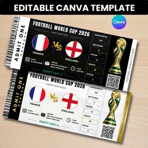 May include: Two black and gold Football World Cup 2026 tickets. The tickets feature the flags of France and England, the MetLife Stadium, and the date June 12, 2026. The tickets also include a gold trophy.