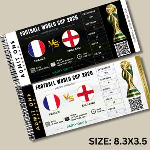 May include: Two tickets for the Football World Cup 2026, featuring the flags of France and England. The tickets are black and gold, with details including the date, time, and venue. The size is 8.3 x 3.5 inches.