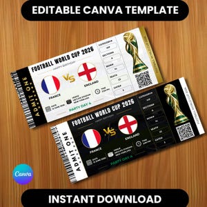 May include: Two football World Cup 2026 tickets. One ticket features the French flag versus the English flag. The tickets have the text "Football World Cup 2026" and "Happy Birthday". The tickets are an instant download.