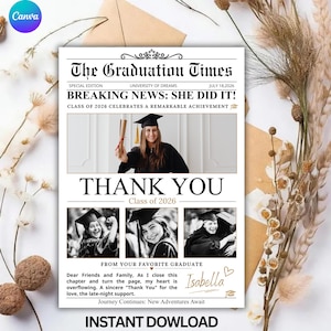 Newspaper Graduation card Template, Class of 2026 Thank You Card, Editable Graduation Party Invitation, Senior Photo Collage, Canva Template