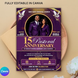 May include: A purple and gold invitation for the 15th Pastoral Anniversary of New Hope Kingdom Church. The design includes images of Pastor David Reynolds and First Lady Michelle Reynolds, doves, and event details. Text includes "Fully Editable in Canva."