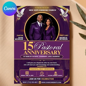 Può includere: Un volantino viola e oro per il 15° anniversario pastorale della New Hope Kingdom Church. Il volantino presenta immagini del pastore David Reynolds e della First Lady Michelle Reynolds, insieme ai dettagli dell'evento e al sito web della chiesa.