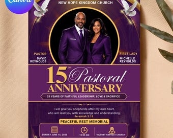 Flyer zum Pastorjubiläum, Vorlage für ein Kirchenjubiläum, Flyer zur Wertschätzung des Pastors, Programmheft für Kirchenveranstaltungen in Lila und Gold, bearbeitbar mit Canva
