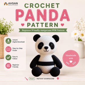 Patrón de ganchillo de panda adorable en PDF, patrón de amigurumi de panda, patrón de ganchillo para principiantes, peluche adorable, descarga digital instantánea.