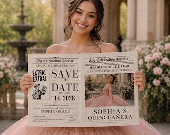 Quinceaña Zeitungseinladungskarte Vorlage Speichern Sie die Datum Zeitung Bearbeitbar Canva Gazette Style Laden Sie Save the Date, Instant Download ein