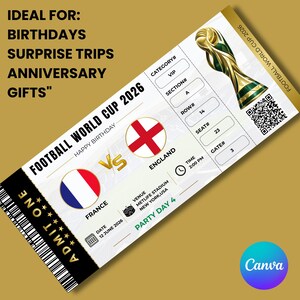 May include: A ticket for the Football World Cup 2026, featuring the France vs. England match. The design includes a gold trophy, a QR code, and details like the date, time, and venue in New York, USA. The ticket is labeled "ADMIT ONE".