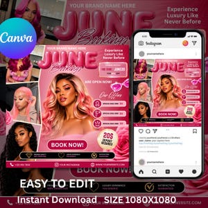 Puede incluir: Un gráfico promocional rosa y blanco para "June Bookings" con imágenes de mujeres con cabello rosado. El gráfico incluye texto como "Easy to Edit" e "Instant Download". Un teléfono muestra el mismo anuncio.