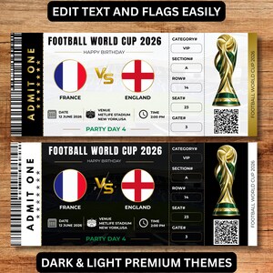 May include: Two football match tickets for the 2026 World Cup, featuring France vs. England. The tickets have a gold and black design, with the date, time, and venue details. The text "EDIT TEXT AND FLAGS EASILY" is at the top.
