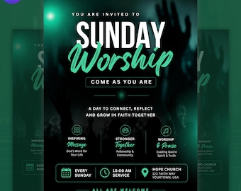 Sonntags Anbetung Kirche Flyer Vorlage | Bearbeitbares Digitales Einladungsposter | Kirche Einladungskarte Kirche Event Flyer | Sofort Download