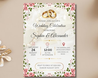 Hochzeitseinladungsvorlage, rosa Blumenmuster, bearbeitbare Canva-Einladung, druckbare elegante Einladung mit goldenen Ringen, Hochzeitskarte zum sofortigen Download