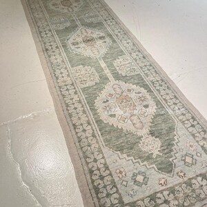 Vintage Sage Green Oushak Runner Rug, 3x12 Distressed Turkish Style Wool Rug, Neutral Hallway Runner, Extra Long Runner 2.5x22 Custom Size