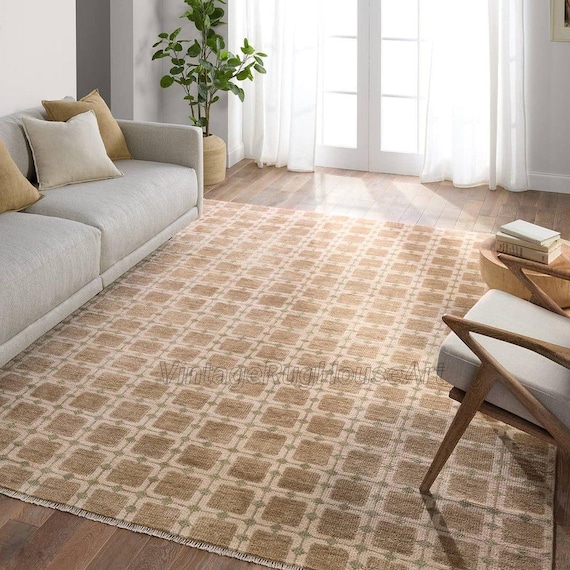 Modern Geometric Area Hand-Knotted Neutral Wool Rug, 8x10, Beige, Tan, Checkered Rug, Contemporary Oushak Carpet, Custom Size Living Room Ru