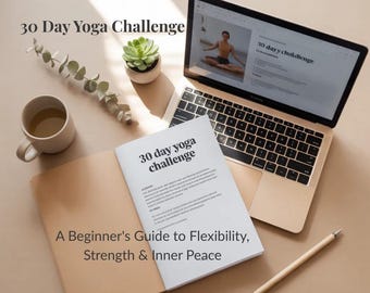 Guida alla sfida yoga di 30 giorni (40 pagine), tracker yoga giornaliero stampabile in PDF, programma di allenamento a casa, routine mattutina consapevole (download digitale).